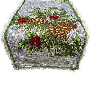 Holiday Table Runner Pine Cones and Holly Cotton Linen 14x68 Christmas Decor